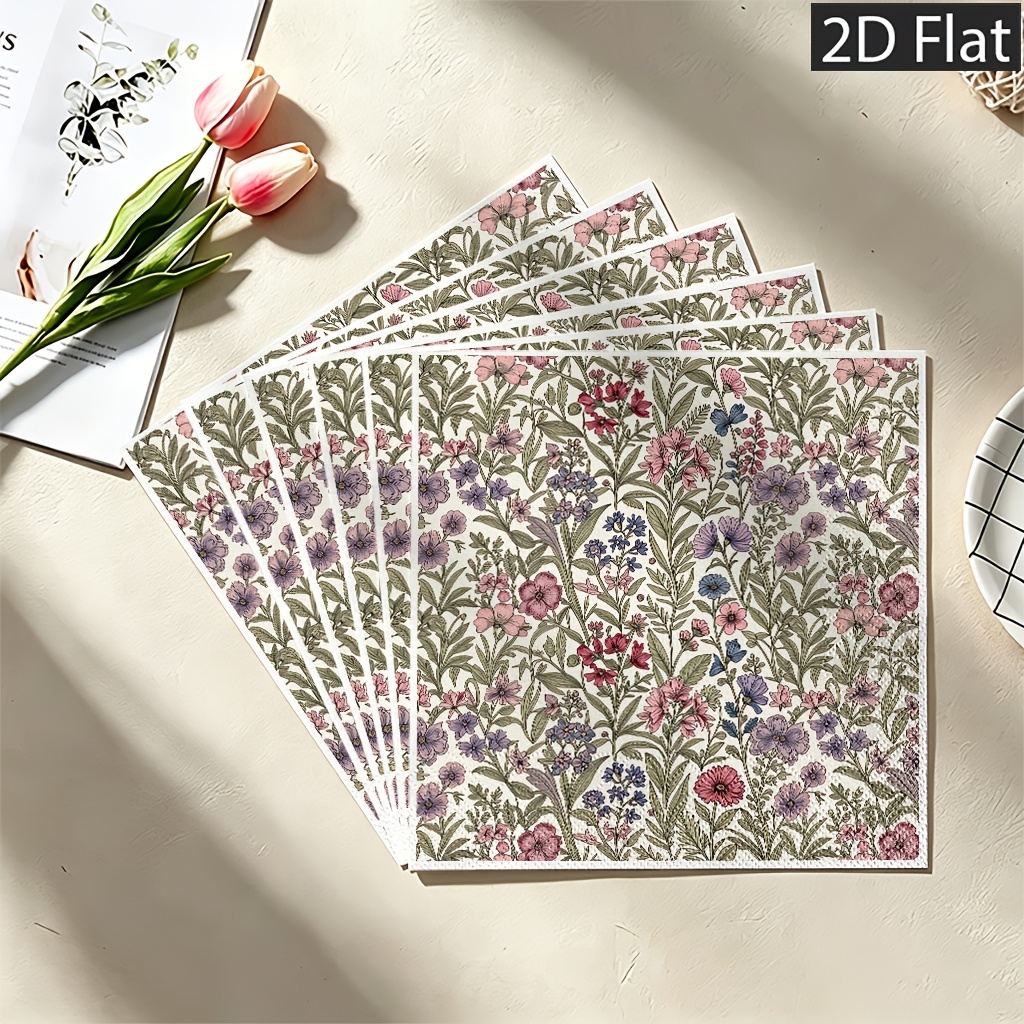 TEMU Servilletas de papel desechables 2D de 20 piezas, 2 capas para mayor durabilidad, delicado estampado con surtidas y frondosos sobre crema,
