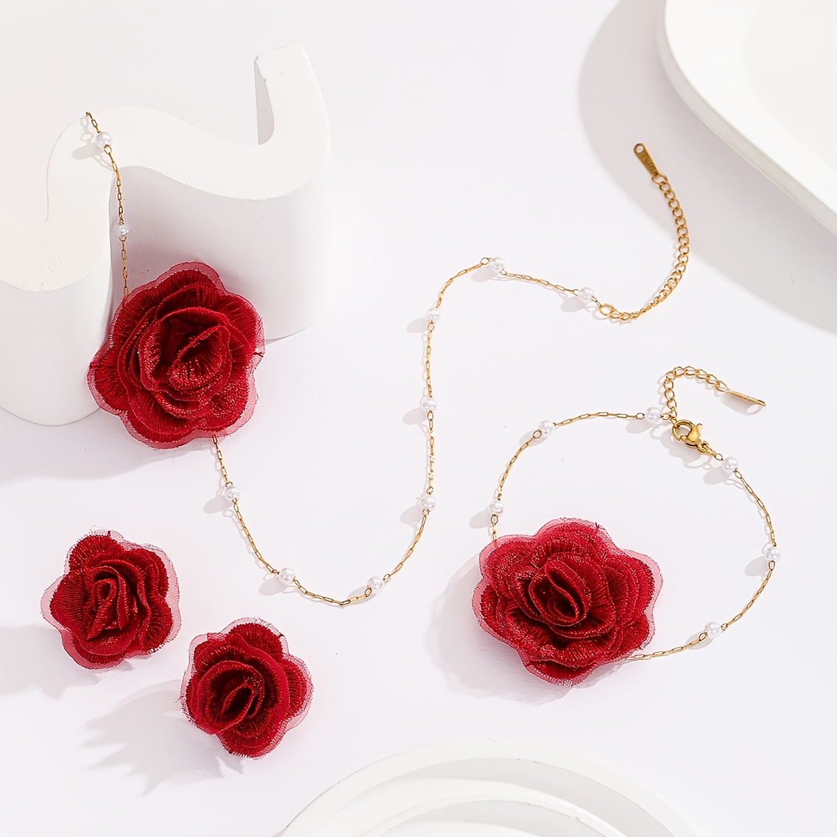 Image of Luxury Red Rose 3pcs Jewelry Set (necklace Earrings Bracelet) Women's Romantic Elegant Versatile Jewelry