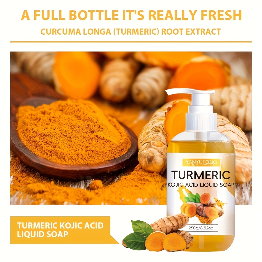 TEMU 250g Turmeric Kojic Acid Liquid Soap, Long Lasting Fragrance, Deep Cleansing And Moisturizing, Rich Foam, Suitable For All Light Beige Types, Full Body , Mild And Non-irritating