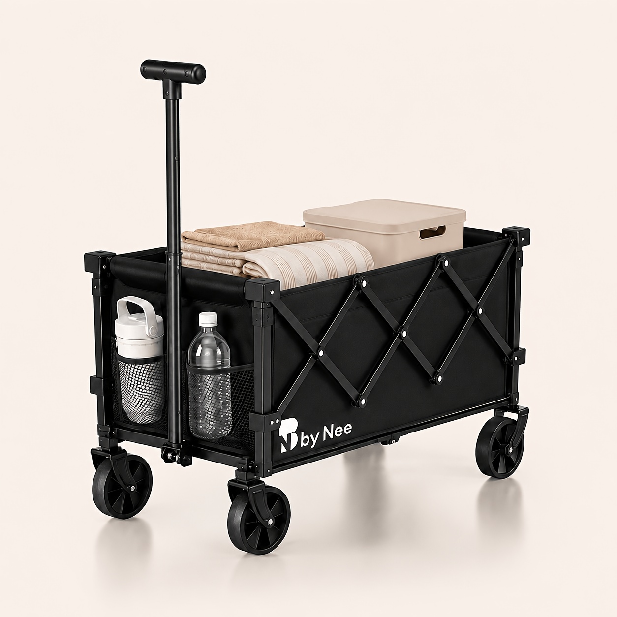 Heavy Duty Collapsible Wagon Cart, 350lbs Folding Utility Wagon With Adjustable Handle, Dual Cup Holders & Wheels For Camping, Shopping, Gardening, And Sports