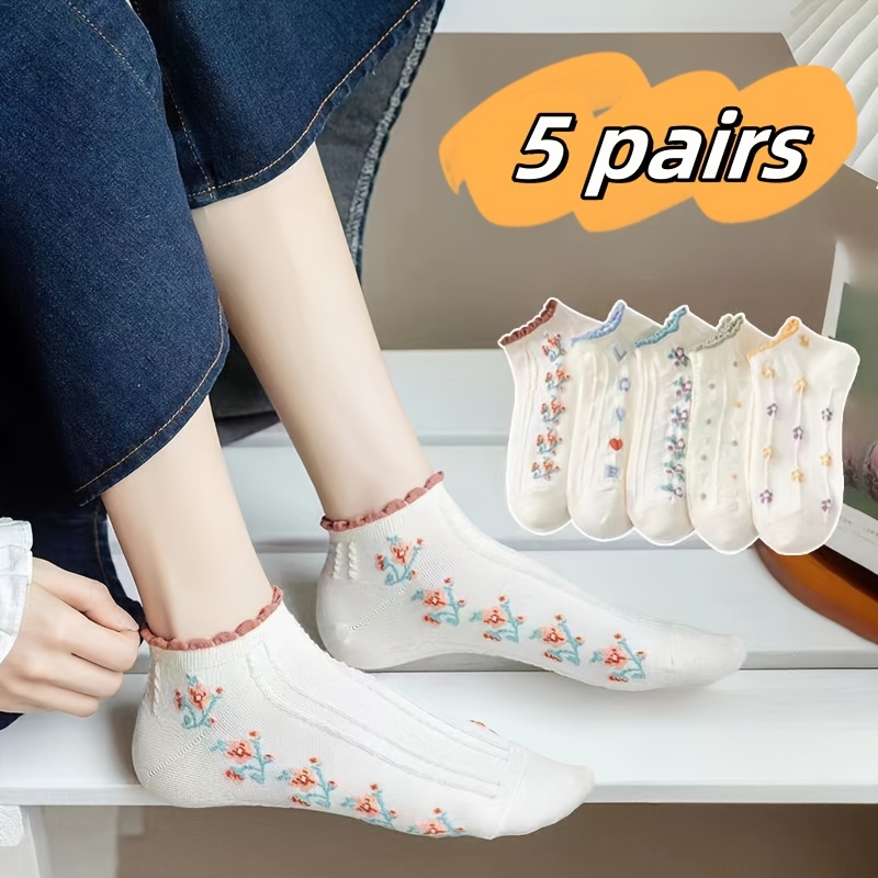 

5 Pairs Floral Pattern Socks, Sweet & Cute Ankle Socks, Women's Stockings & Hosiery