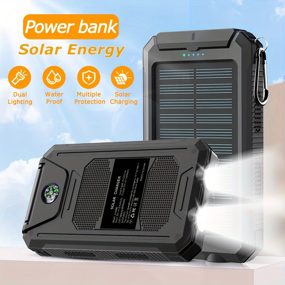  Cargador solar, 20000 mAh, portátil, impermeable, cargador de  batería solar para exteriores, paquete de baterías externas de reserva para  camping, salida de puertos USB de 5 V, 2 linterna de luz