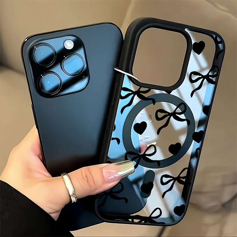 TEMU Phone Case: Stylish And High-value Black Heart Bow Phone Case, Supports Wireless Charging, Skin-feel Protective Cover, Full-coverage Drop-proof