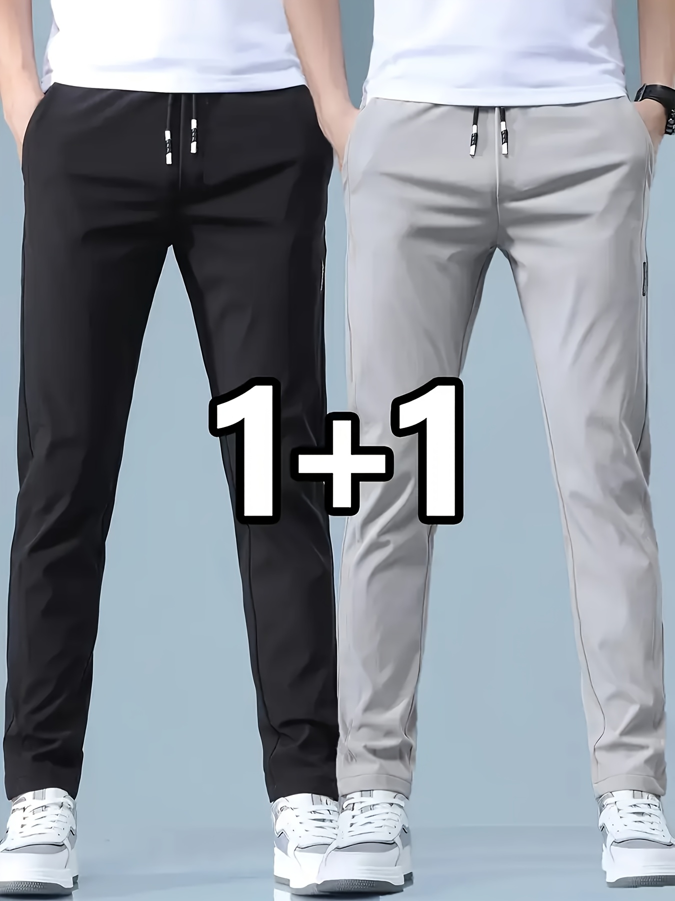 2pcs mens lightweight straight leg casual pants with elastic waist adjustable cord breathable straight look trousers suitable for office outdoor spring summer fall wear solid color machine washable