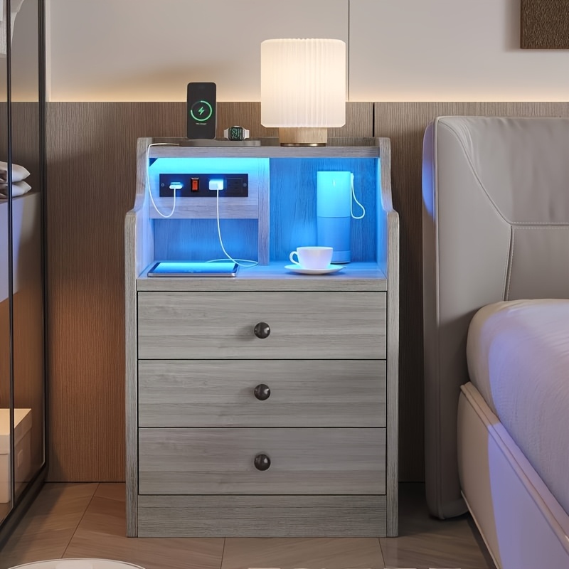 [Halloween Christmas] Nightstand with Charging Post, Side Table with USB Port & Socket, End-Table with 3 Drawers & Storage Shelf, Heavy Duty Night Stand, Small Dresser for Small Spaces, School And Dormitory Storage, for Halloween And Christmas, Storage Drawer Units
