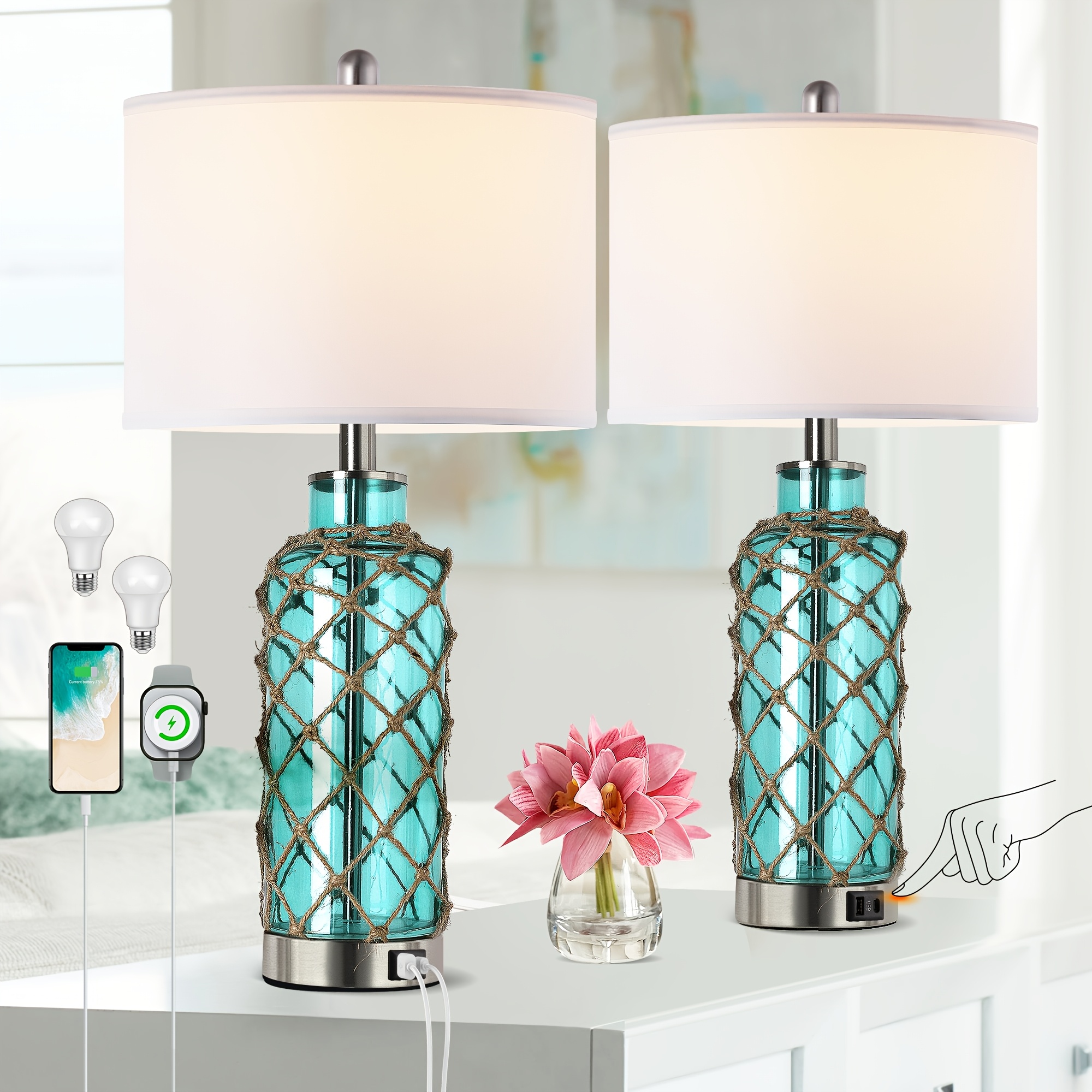 TEMU Cottage Nautical Accent Table Lamp Set Of 2, Touch Control Green Glass Rope Net Bedside Lamp With 2 Usb Ports, 3-way Dimmable Nightstand Lamps