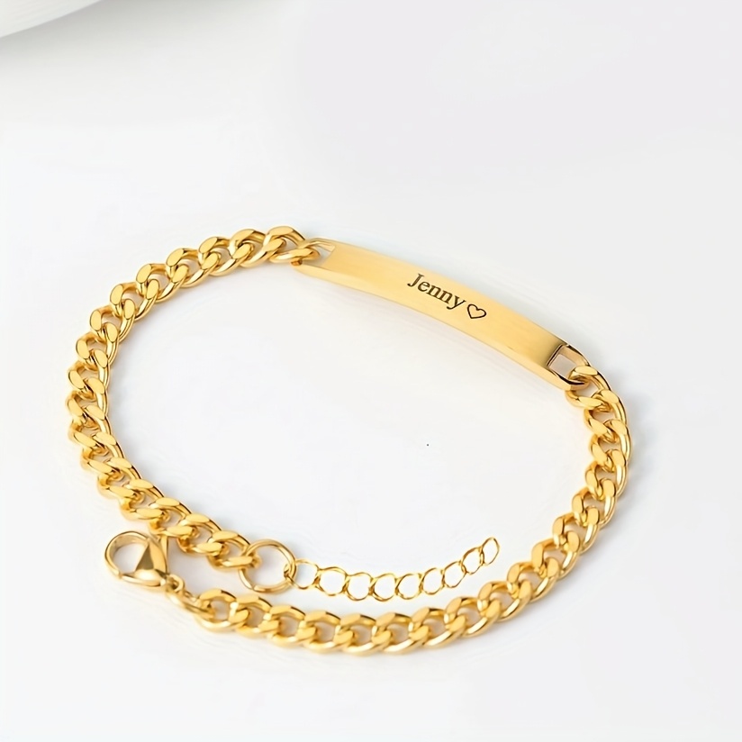 TEMU Custom Engraved Name Cuban Link Bracelet, Personalized Bar Plate Couple Matching Bracelets, Adjustable 201 Stainless Steel Jewelry Gift For