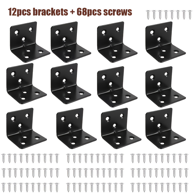 TEMU 80pcs Heavy-duty Black Metal Bracket Set (12 Brackets + 68 Screws), Featuring Pre-drilled Holes And Rounded Edges For Easy Assembly, 90-degree