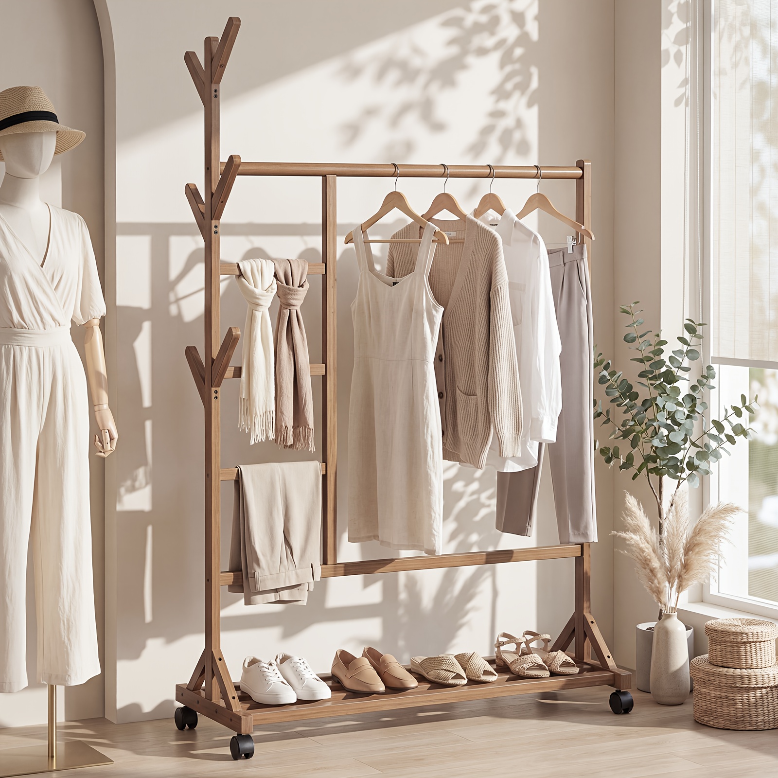 TEMU 39" Bamboo Rolling Clothes Rack | Heavy Duty Indoor Drying Rack With 6 Side Hooks, Freestanding Clothes Storage Shelf For Entryway, Bedroom, And