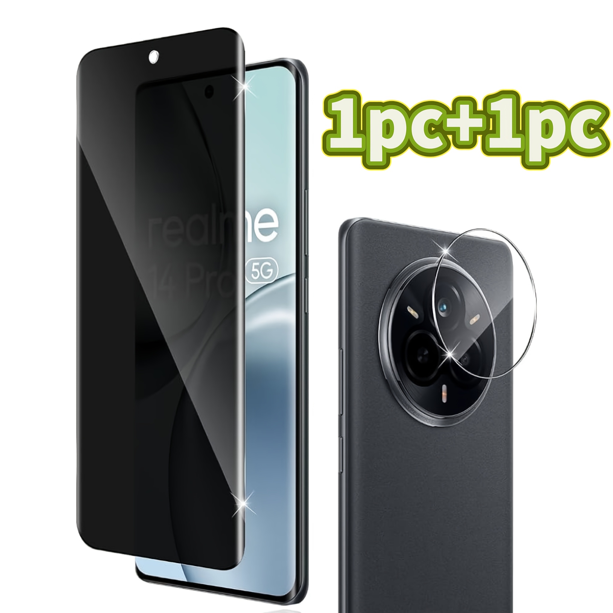 TEMU (1 pz X 1 pz) 1 pz Pellicola in vetro temperato 3D anti-spia e 1 pz Pellicola per lenti , per Oppo Realme 14 Pro 5G, vetro temperato durezza 9H,