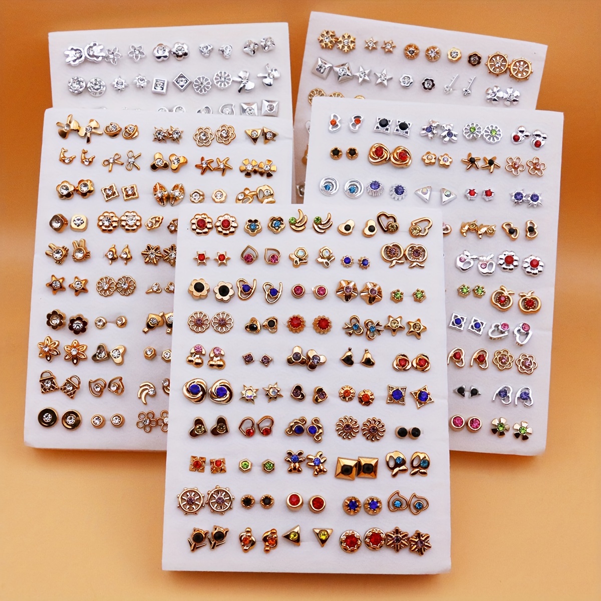 

50pcs/set Mix & Match Small Stud Earring Set, Cute And Funny Simple Style, Flowers Sun And Geometric Pattern Inlaid Rhinestones Assorted Designs For Women, Fashion Accessories For Alll Occasion
