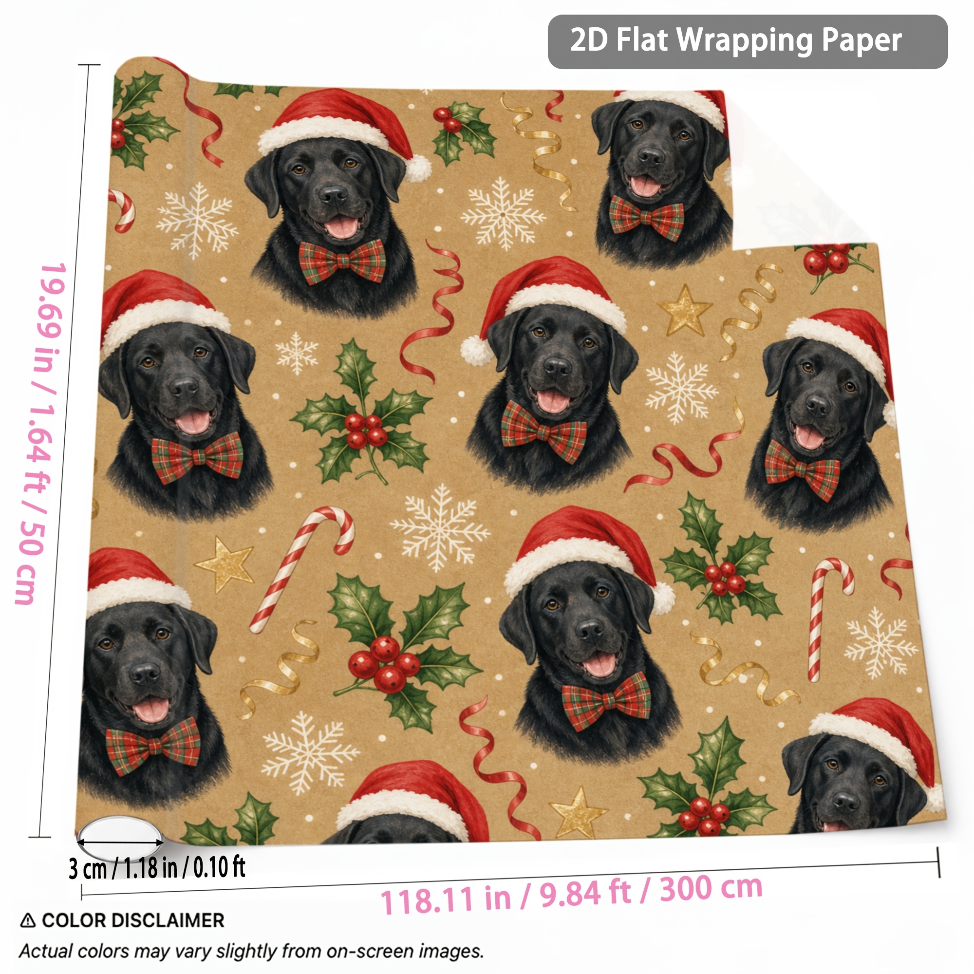 TEMU 1 Rolle Weihnachtsgeschenkpapier Schwarzer Labrador Hund Weihnachtsmütze Fliege Muster Stil 1.64Ft X 9.84Ft für Feiertagsgeschenkverpackung