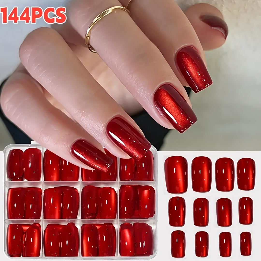 TEMU 144pcs Faux Ongles Rouges Effet Œil de Chat à Appliquer, Style Coréen pour Noël - Ongles Carrés Moyens à Couverture Complète Réutilisables avec