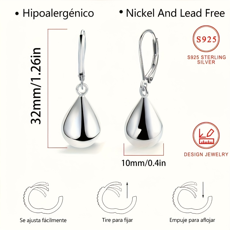 925 Sterling Silver Water Drop Earrings Hypoallergenic Dangle Earrings