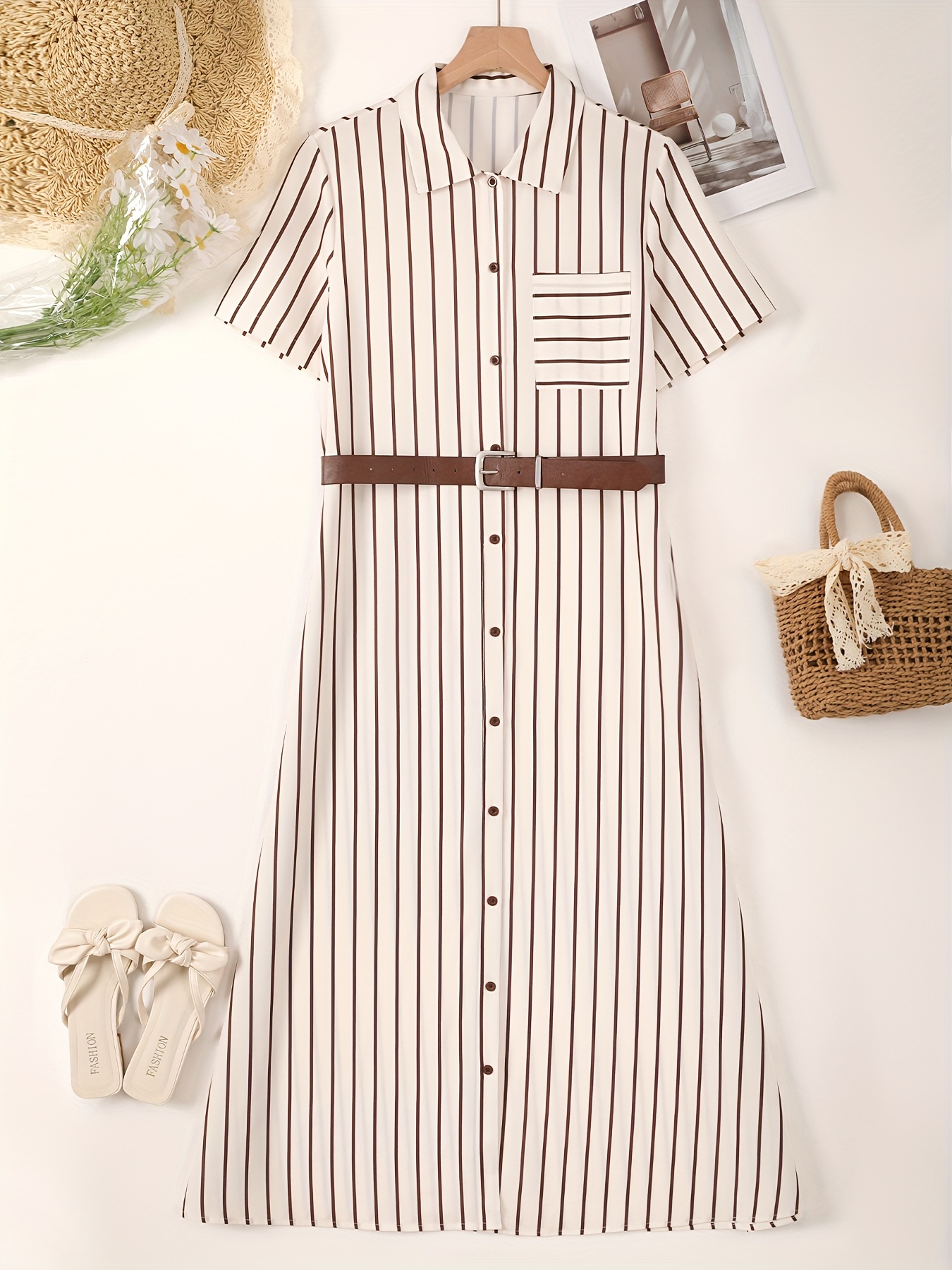 beige striped shirt dress Arrival Shirt Dress - Latte Pinstripe main image 0