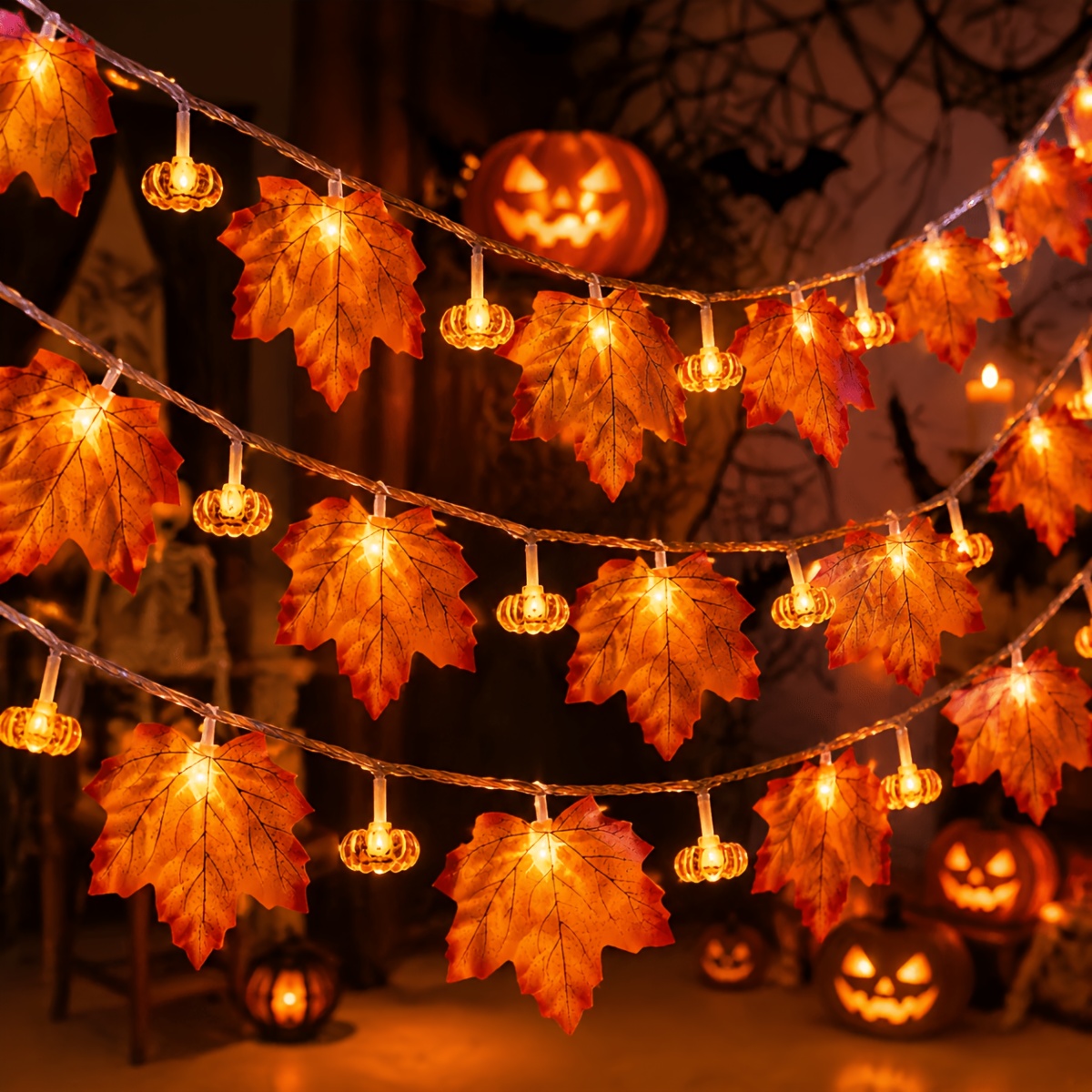 TEMU Luci con zucca e foglia d'acero per del Ringraziamento, Luci decorative da appendere per autunnale, Luci con lanterne a zucca di Halloween, Luci