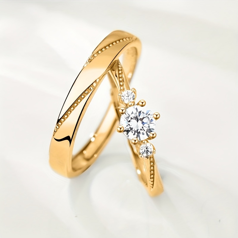 TEMU Elegant 2pcs/set Wedding Ring Set - Inlaid With Sparkling Synthetic Synthetic Synthetic Zircon, Unisex, Adjustable , Perfect For Couples,
