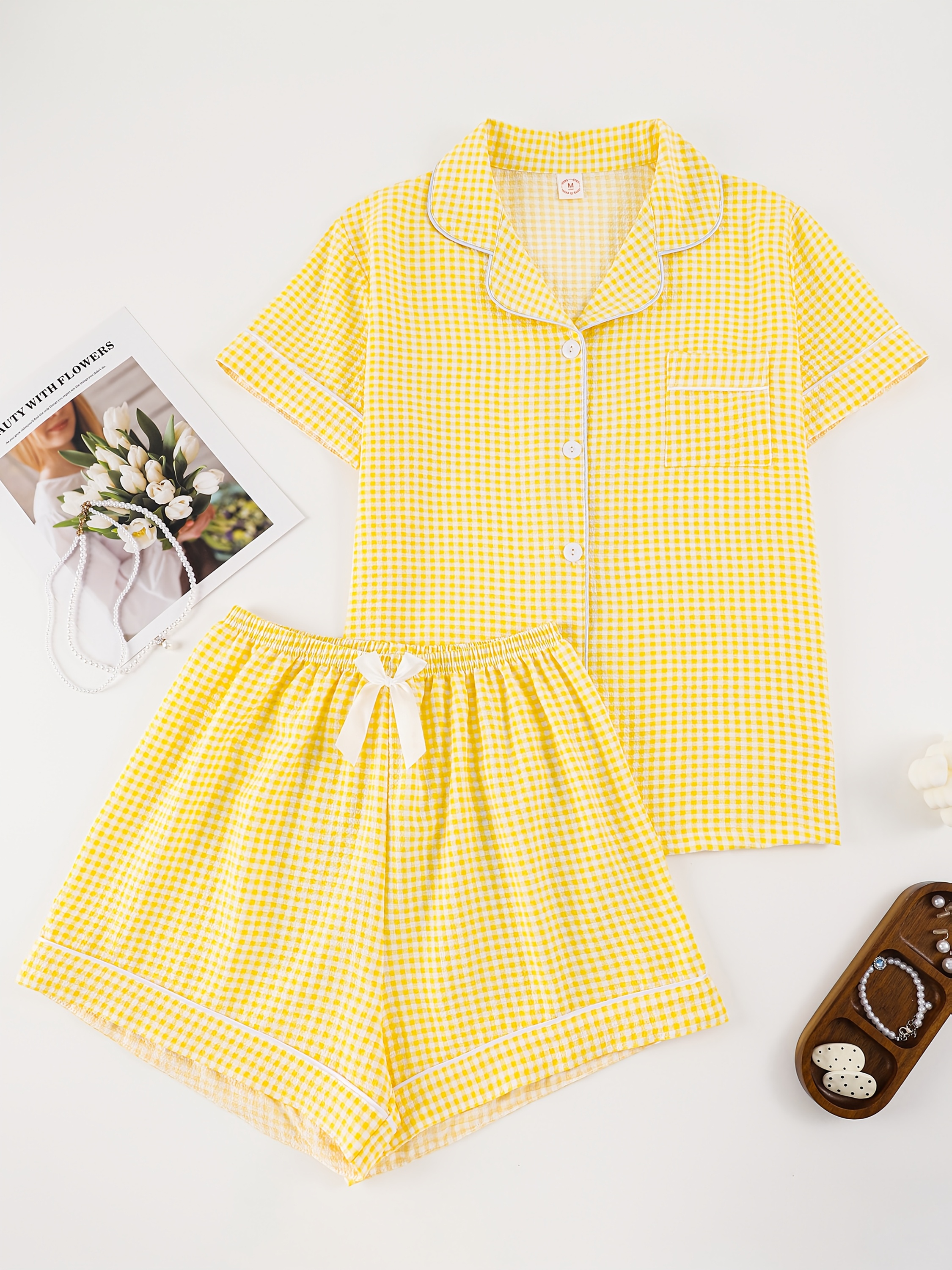 ★ SPAO★ Small and cute short-sleeved pajamas LIGHT YELLOW women's cute yellow duck print pajama set. top shorts set
