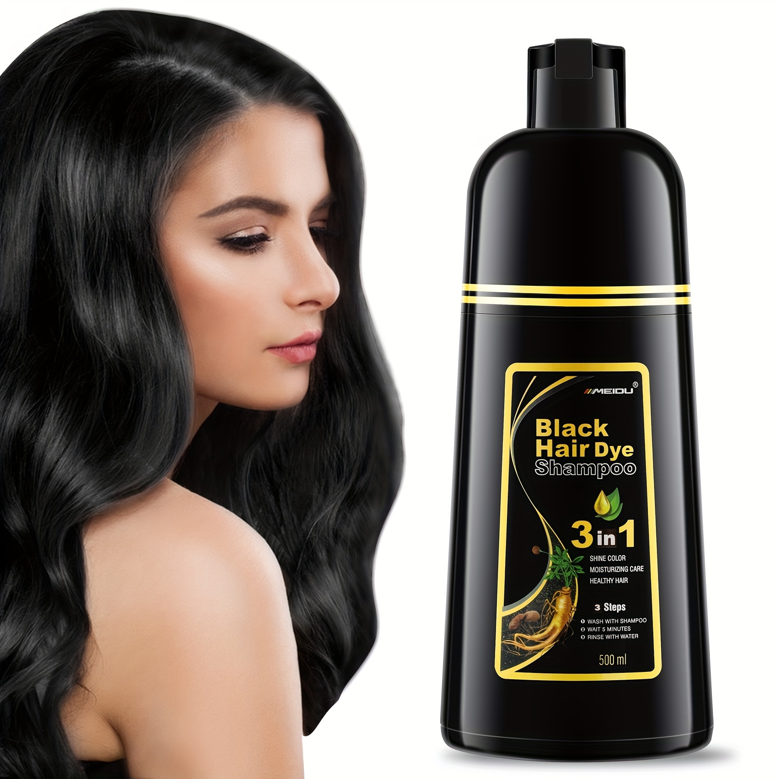 Image of Meidu Black Hair Color Shampoo For Gray Hair, Instant Hair Dye Shampoo, Hair Coloring In Minutes, Natural And Long-, Hair Dye Shampoo For Men And Women, 500ml