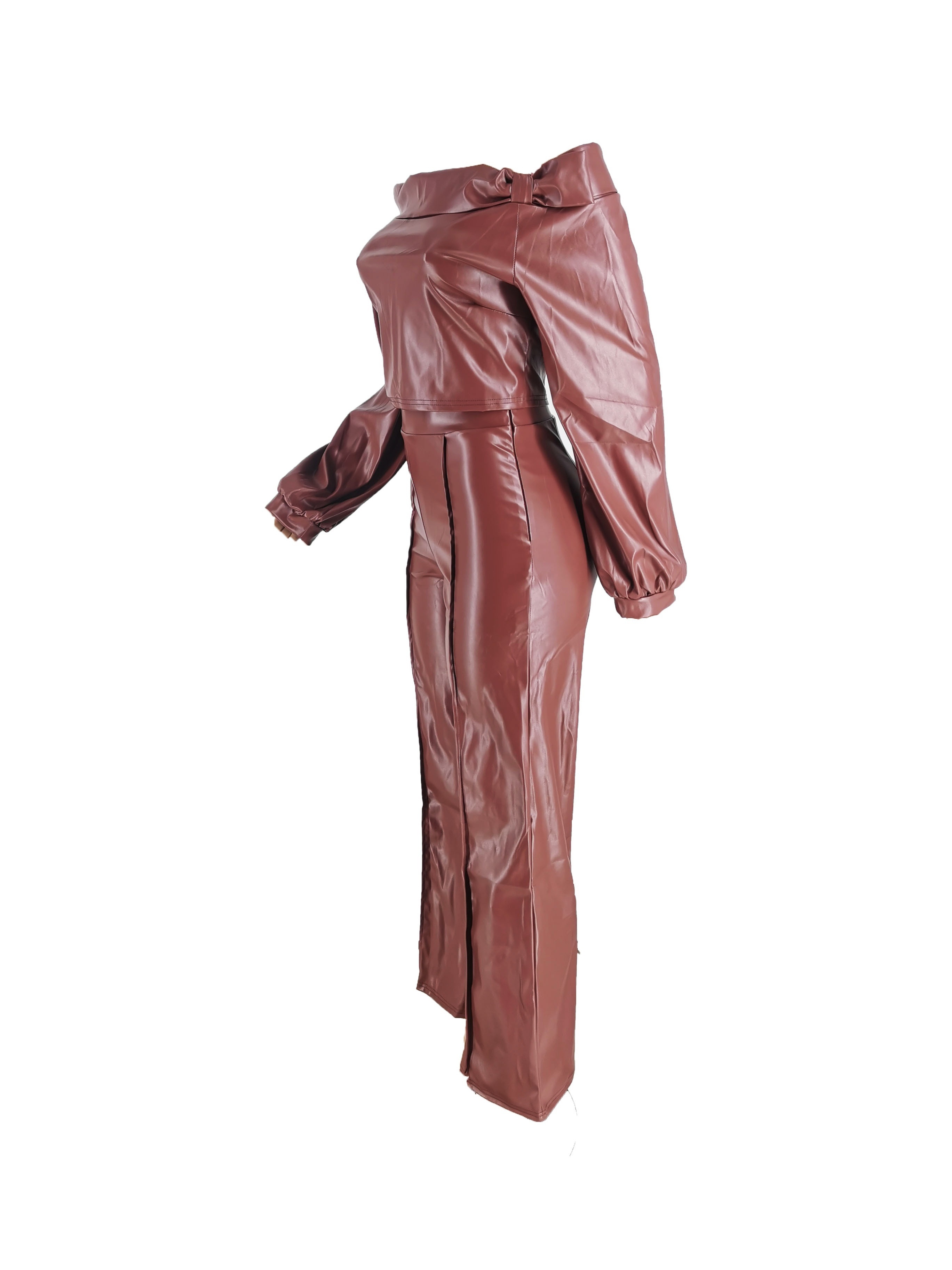 Plus Size Semi Formal Pant Set Black PU Leather Off The Shoulder Lantern  Sleeve Wide Leg Two Piece Pant Set [Pre-Order]