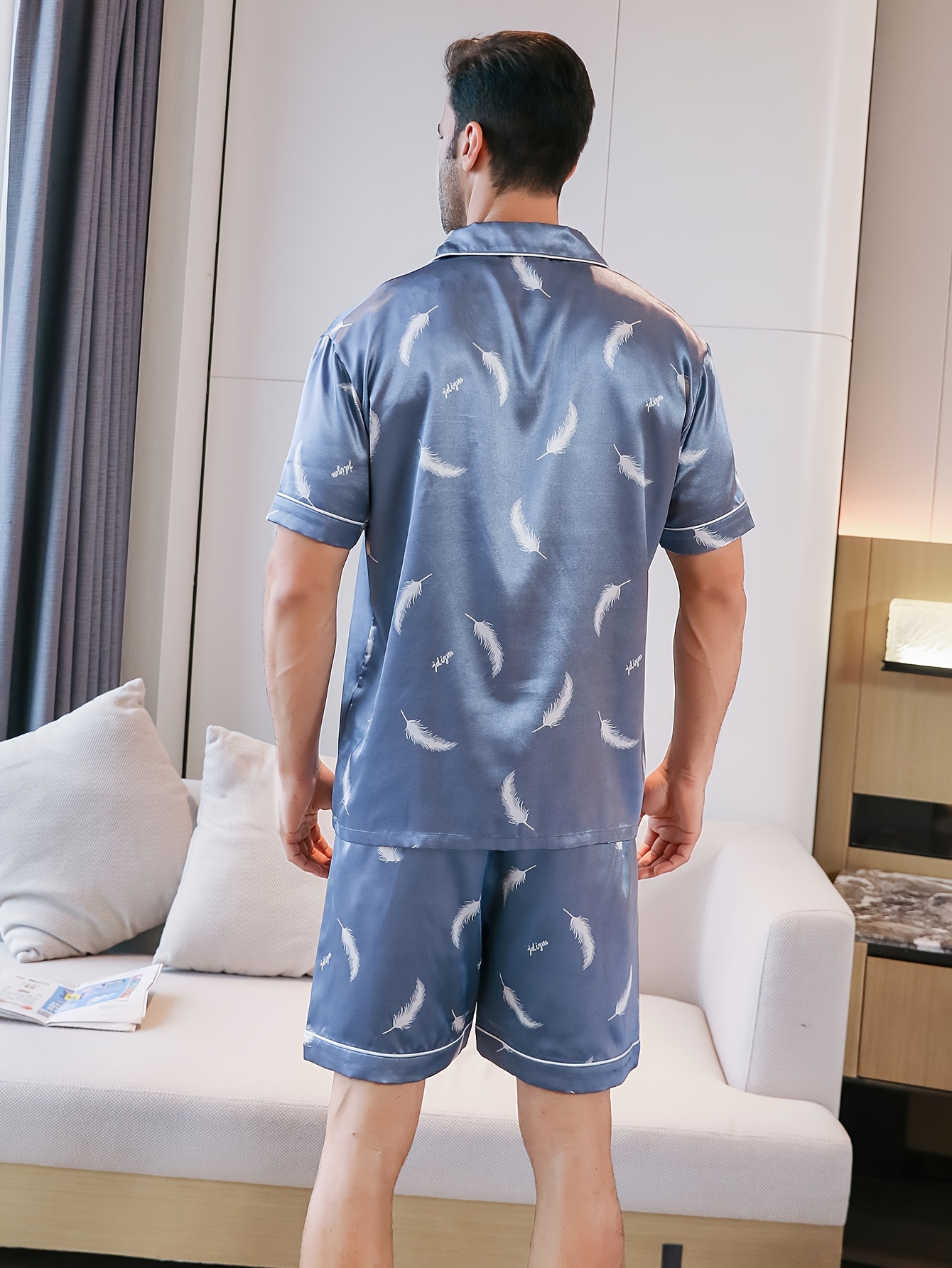 2pcs Men'S Pajama Set - Lightweight Short Sleeve, Turn- Collar, Summer Home Wear with Black & White Bird Print, Comfortable Polyester Blend for Relaxation, Relaxed Fit Clothing|Casual Style| Texture