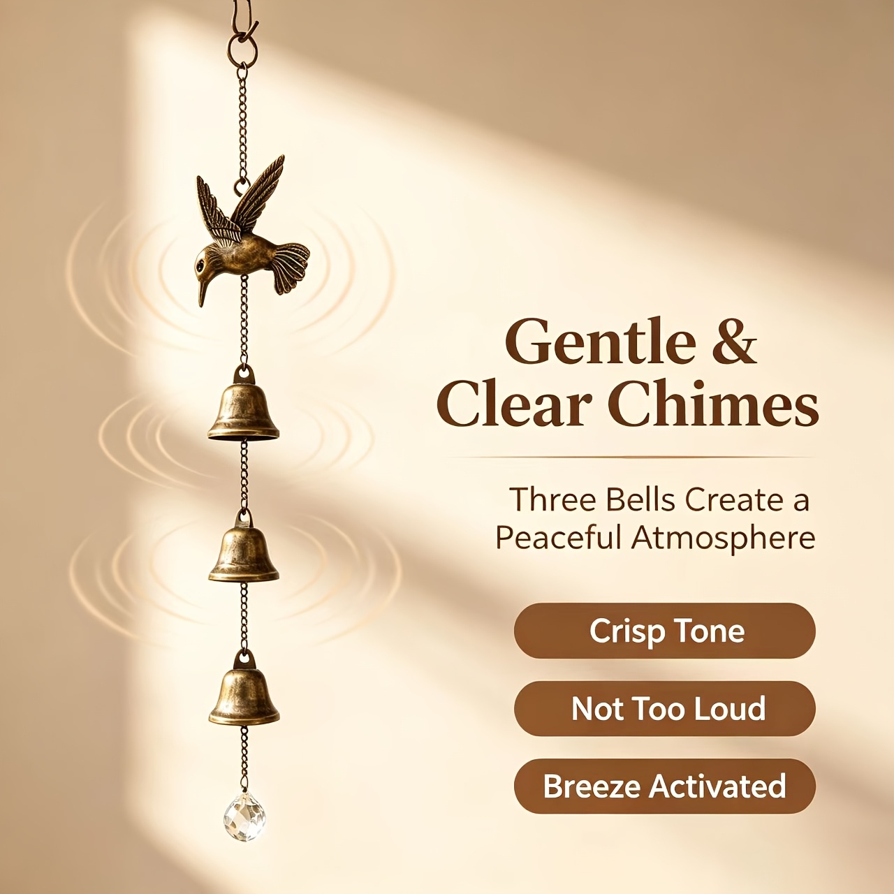 TEMU -inch Hummingbird Hanging Bell With Crystal Suncatcher, 3- Garden Ornament, Suitable For Windows, , Patios, , And Home Decor