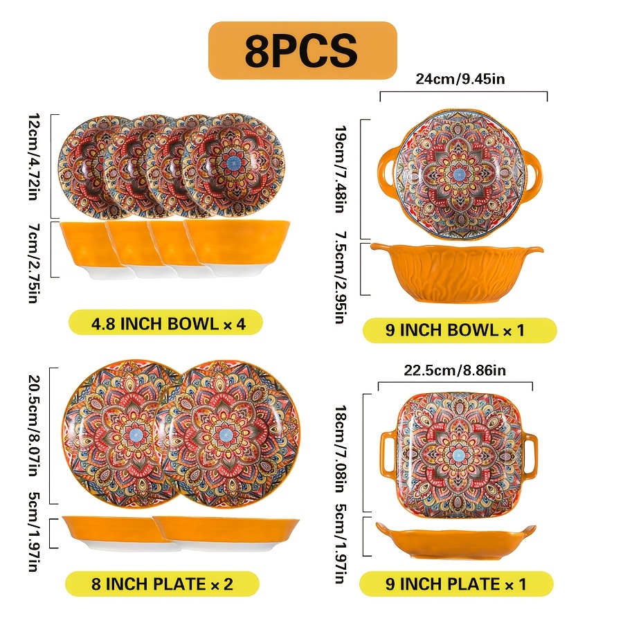 8pcs Bohemian Style Ceramic Dinnerware Set, Scratch-resistant, Suitable For Salads, Pasta, Desserts, Steak, Appetizers, Microwave/oven/dishwasher Safe