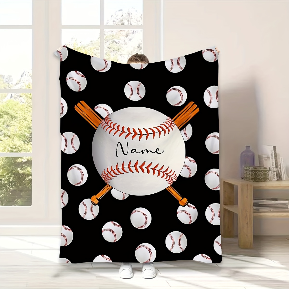 

1pc Creative White Baseball Custom Name Blanket, Suitable For Sofa, Bedspread, Travel, Camping, Living Room, Office - Machine Washable, , All Season , Hypoallergenic, Knitted 100% Polyester Fabric