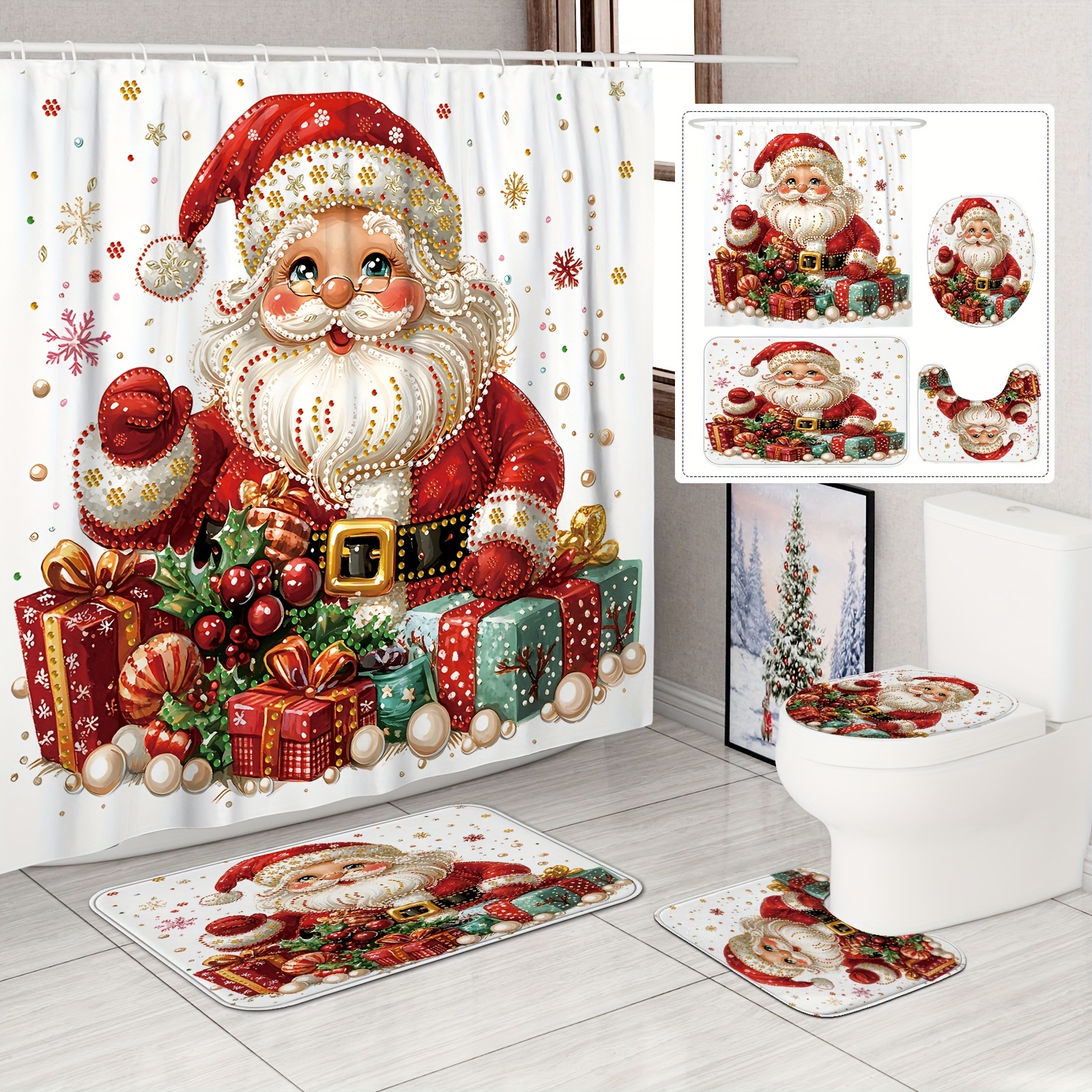 

Christmas Shower Curtain Set: Santa, Holly, And Snowflakes On Polyester, Waterproof, And Washable Curtain With 12 Hooks, Non-slip Bath Mat, And U-shaped Toilet Lid Cover