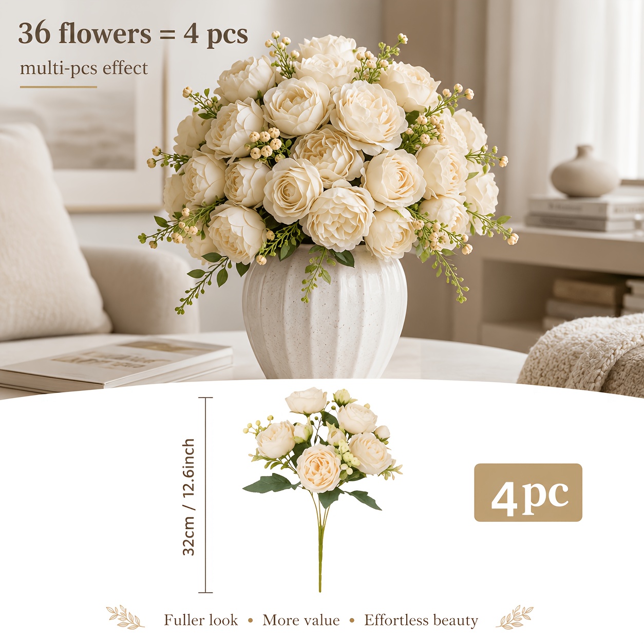 TEMU 36 Flowers = 4 Bouquets, Instagram-style Champagne-colored Artificial Peony Bouquet, Highly Realistic With Full And Three-dimensional Flower