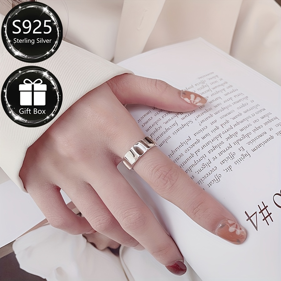 925 Pure Silvery Wide Band Ring Adjustable Opening Wave Texture