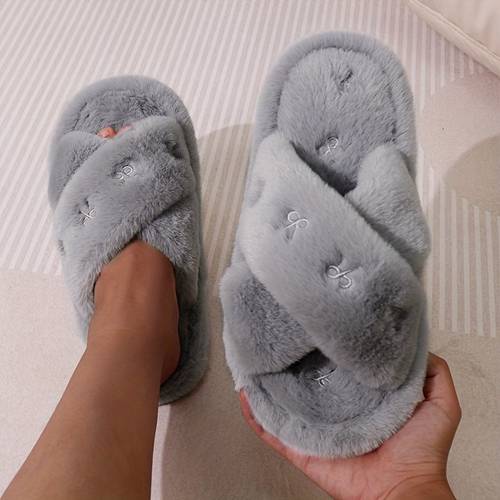 new style womens furry slippers simple hollowed out one strap home slippers for indoor use women shoes