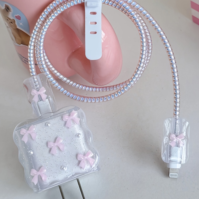 5pcs Light Pink Bow And Design Phone Charger Set 20w/18w, Charging Cable Protector Cord, Charger Head Protective Case, Suitable For Iphone