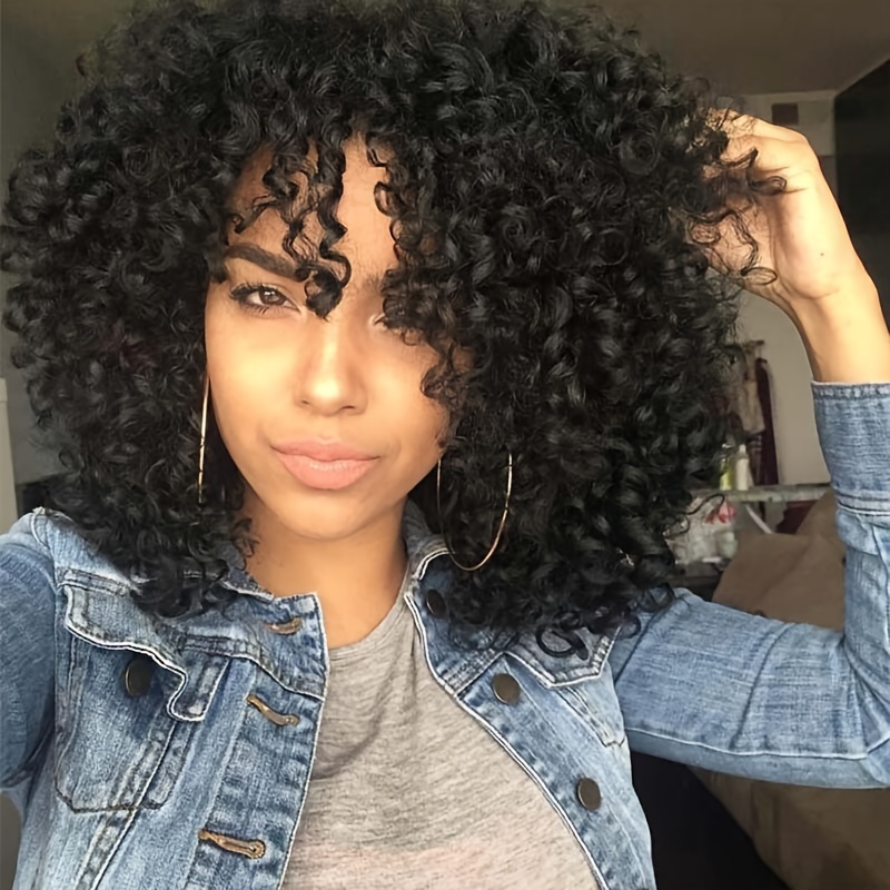 14 Inch Short Afro Wigs For Women Synthetic Wigs With Bangs Heat Resistant Hair Fluffy Natural Black Hair Wig For Party Daily Wear