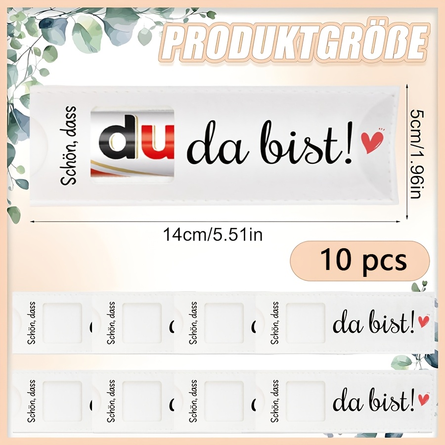 E-shop Ein Set aus 10 Filz-Geschenktüten zum Präsentieren von Geschenken, mit einem deutschem "Schön, dass du da bist!" Party-Geschenkbox-Design, für