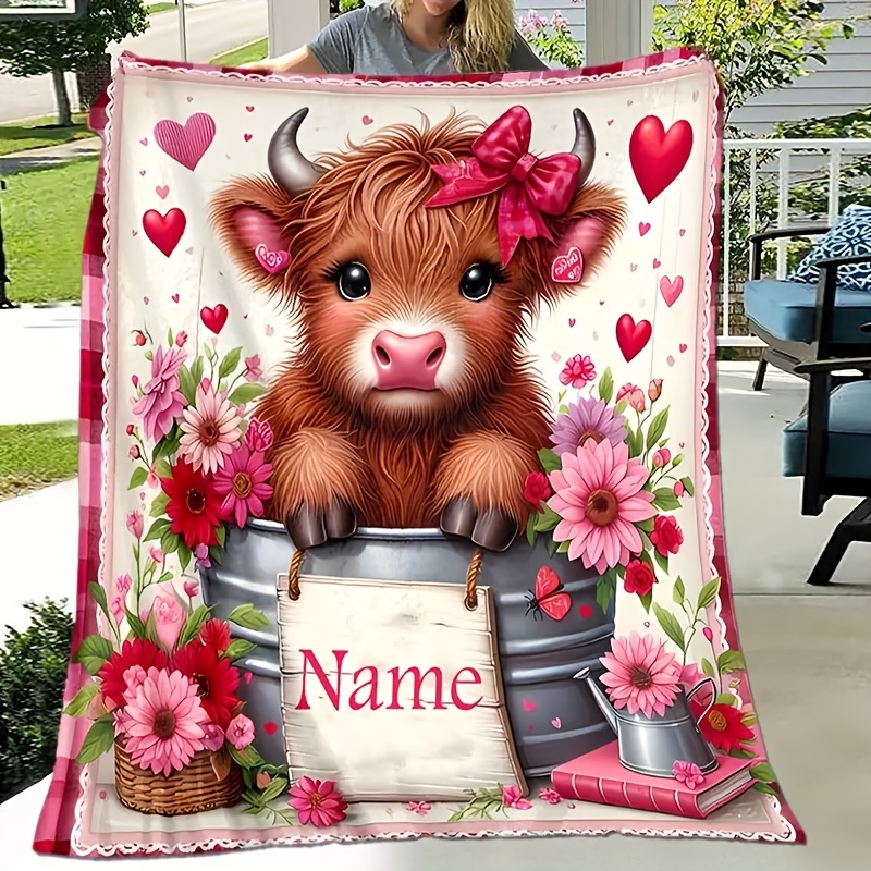 

1pc Custom Text Cute Cow & Floral Print Flannel Blanket – Soft, Warm, Machine Washable, Throw For Sofa, Bed, Travel, Camping, Living Room, Office – Personalized With Adorable Cartoon Design