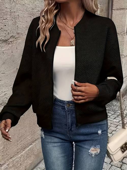 new fashionable solid color zipper jacket with baseball collar casual womens outerwear