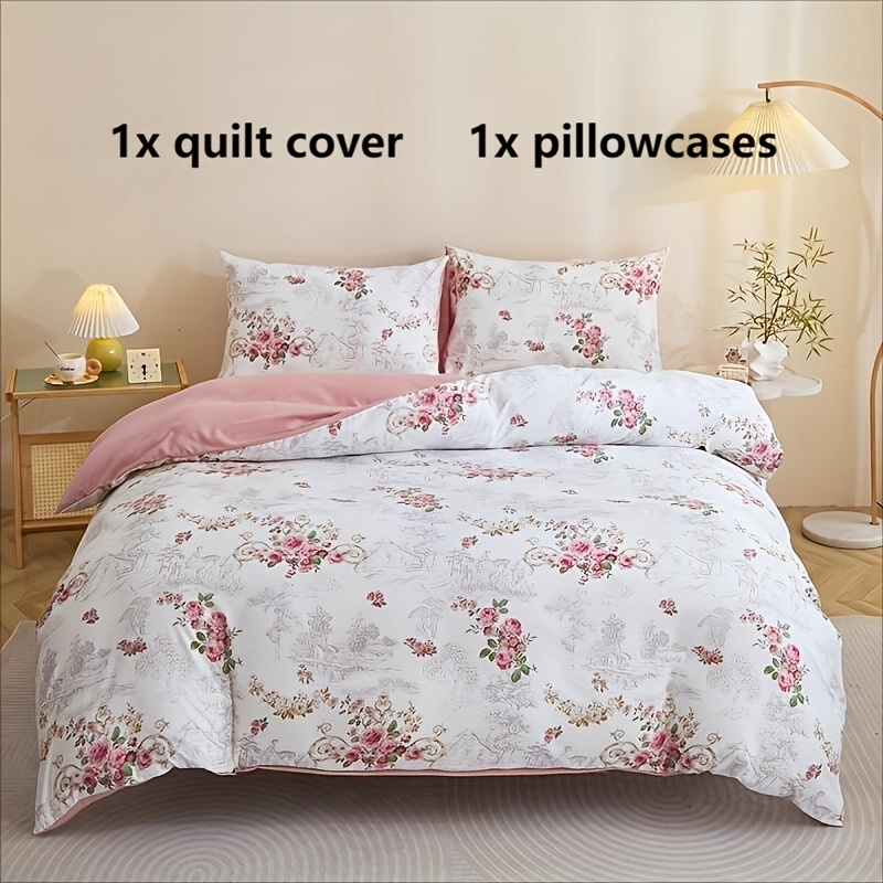 Image of 2/3pcs Valentine's Day Pink Rose Printed Floral Bedding Duvet Cover Set. Soft, Machine-washable, Suitable For . For Bedrooms And Guest Rooms. Includes 1 Duvet Cover And 1/2 Pillowcases