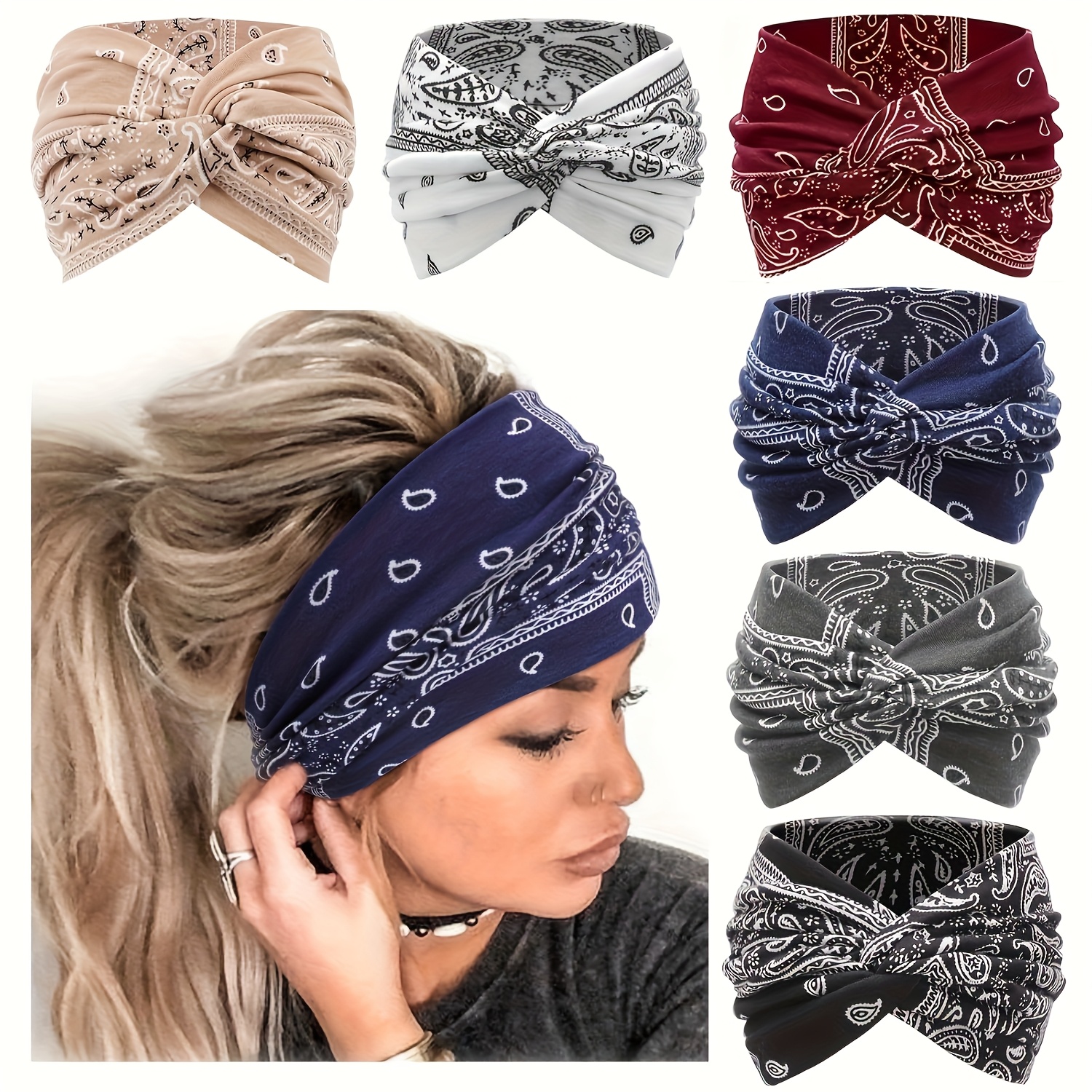 TEMU Paquete de 6 diademas de banda ancha estilo bohemio para mujer - Nudo antideslizante, estampado de cachemira, multicolor opcional, para yoga,