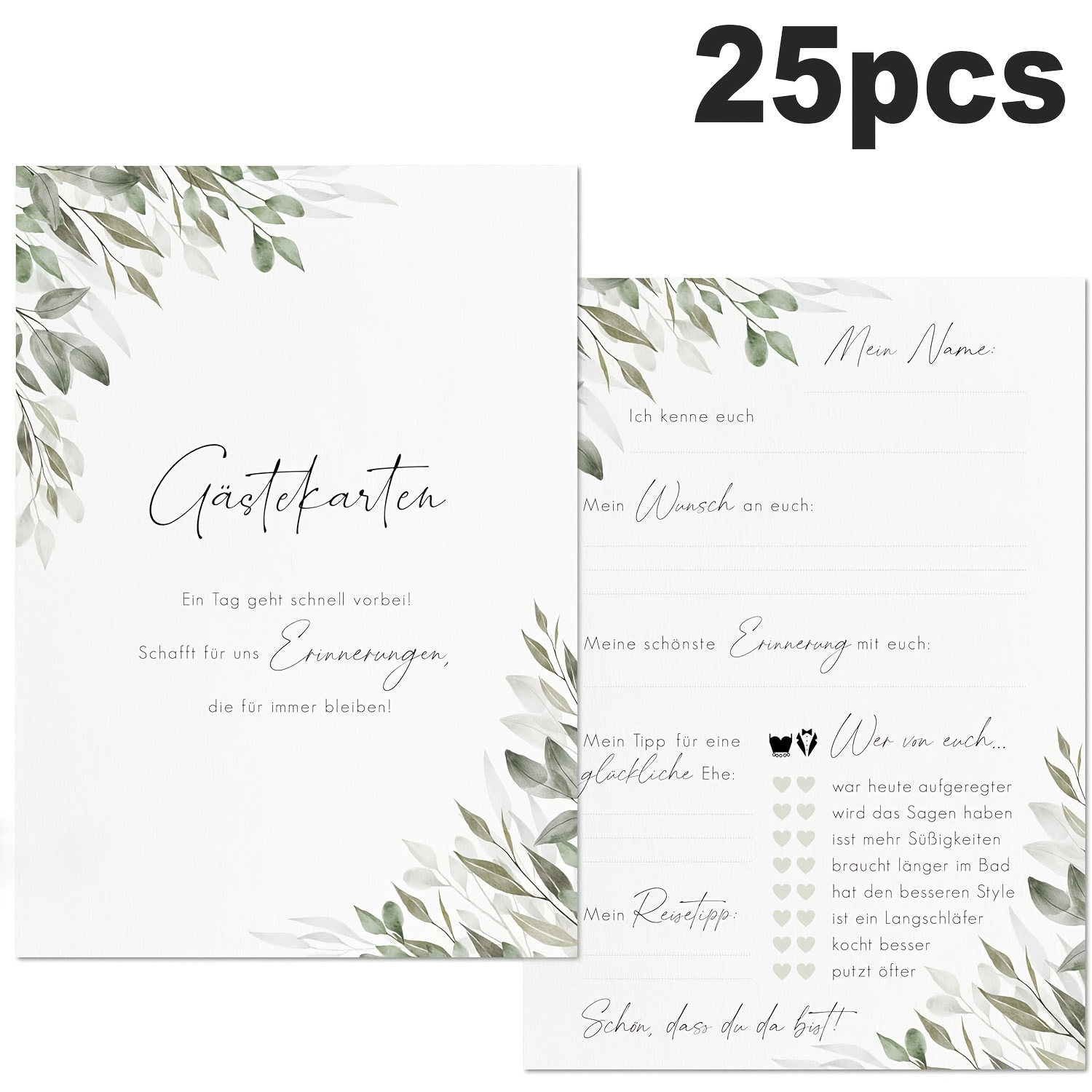 E-shop 25 Blätter/Pack, Deutsche Hochzeitsgastkarten - Hochzeitsfragekarten für Gäste zum Ausfüllen - Eukalyptus-Thema Hochzeitsgastbuchkarten -