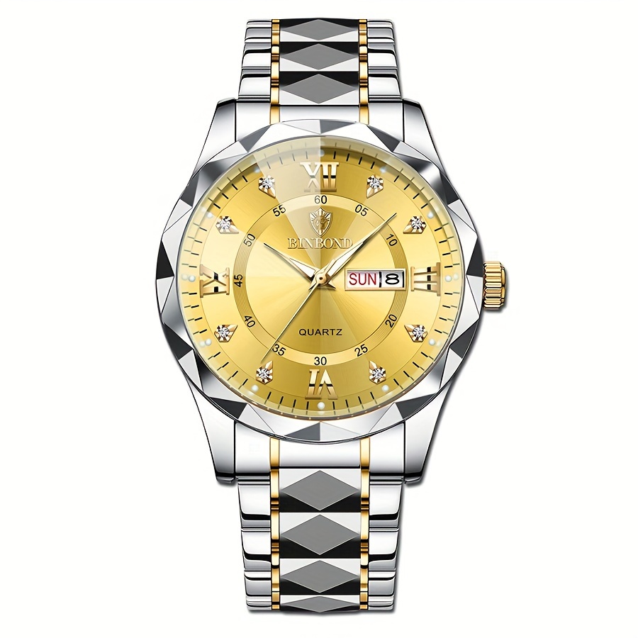 1pc Binbond Men's Business Watch, Stainless Steel Quartz Movement, Round Zinc Alloy Case, Luminous Dual Calendar, Battery Powered with Electronic Drive
