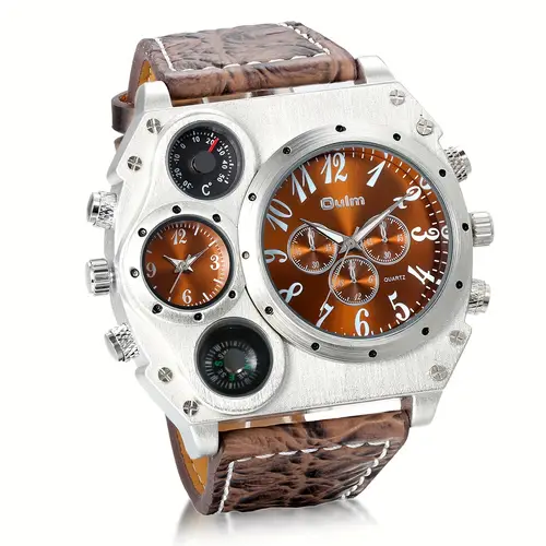 trendy large dial mens quartz watch display compass thermometer decoration crocodile grain leather strap sports watch mens gift