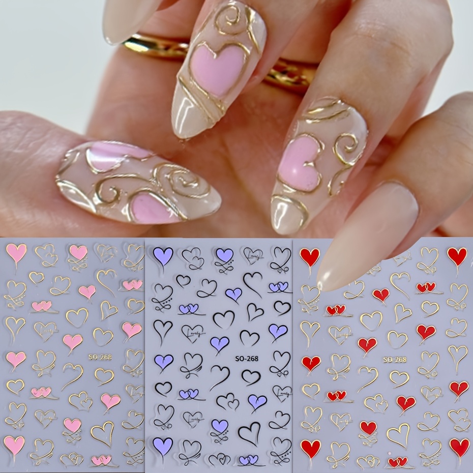 

3pcs Golden & Metallic Heart Nail Art Stickers - 3d Self-adhesive Love Decals For Valentine's Day, Red & Pink, Sparkle , Manicure Supplies