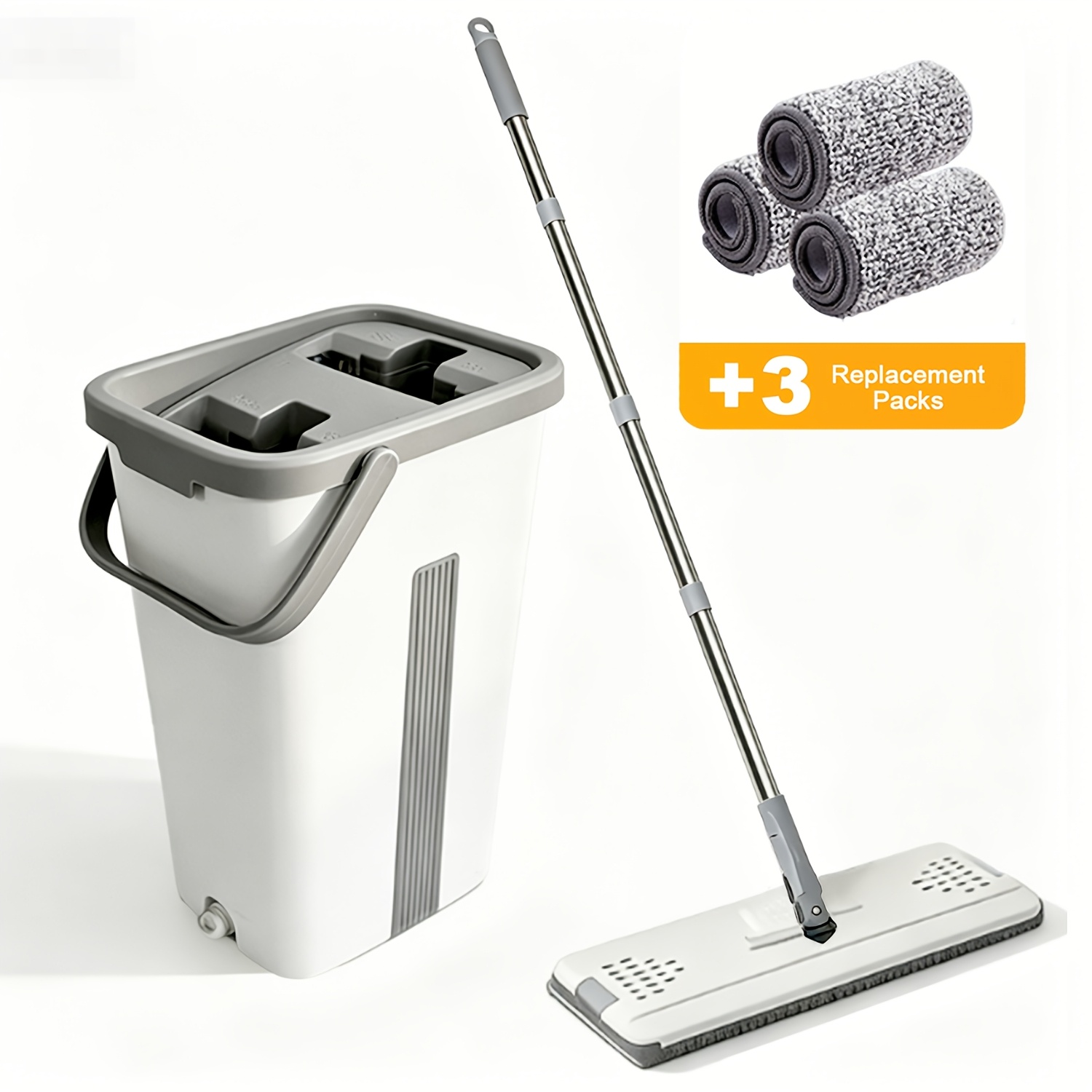 TEMU Flat Mop With Bucket Set & Wringer, 3pcs Microfiber Pads Wet Dry Floor Cleaning Tool, Flexible Swivel Head & Long Adjustable Handle For Tile