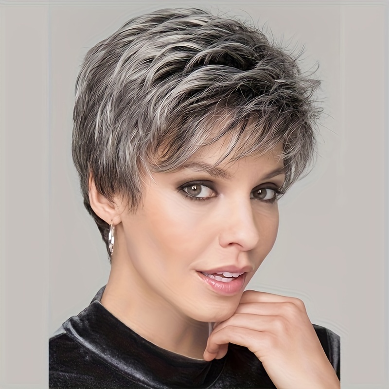 

1pc Modshair Women's Cut Wig - Short Curly Wave Synthetic Hair With Mixed Black Grey And Bangs, High-temperature Fiber, Cap, For All ,