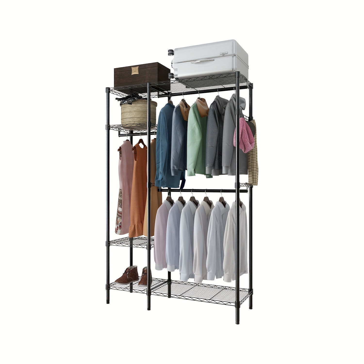 

2 Row Round Tube Hanging Clothes Bar Plus 4 Layers Shelf With 1 Row 4 Hook Hanging Clothes Hook Open Closet Coat Rack Iron 114*42*180cm Black