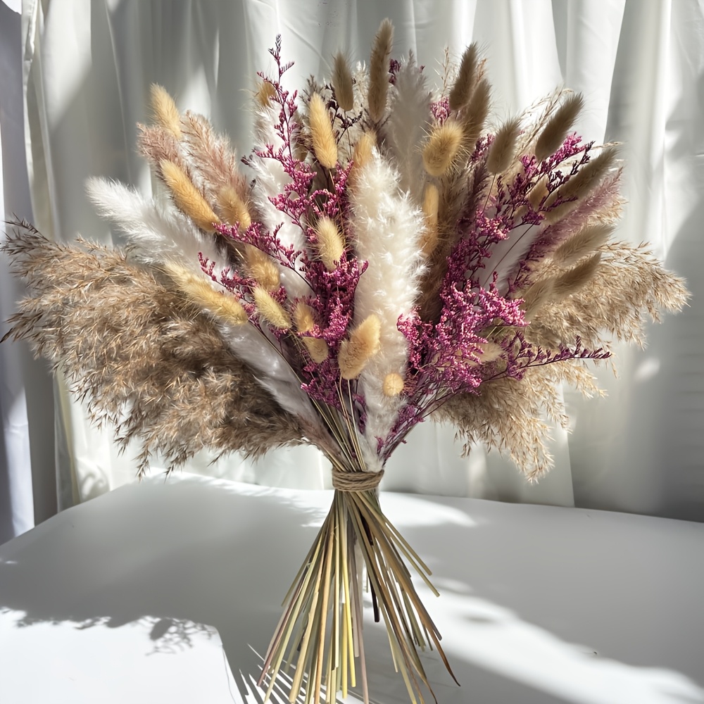 Image of 66pcs Dried Flower Pampas 's Breath Rabbit Tail Grass Bouquet Boho Home Vase Room Living Seasonal Garden Decor Flowes Artificial 's Tail Wedding Party Decoration Festival Gift