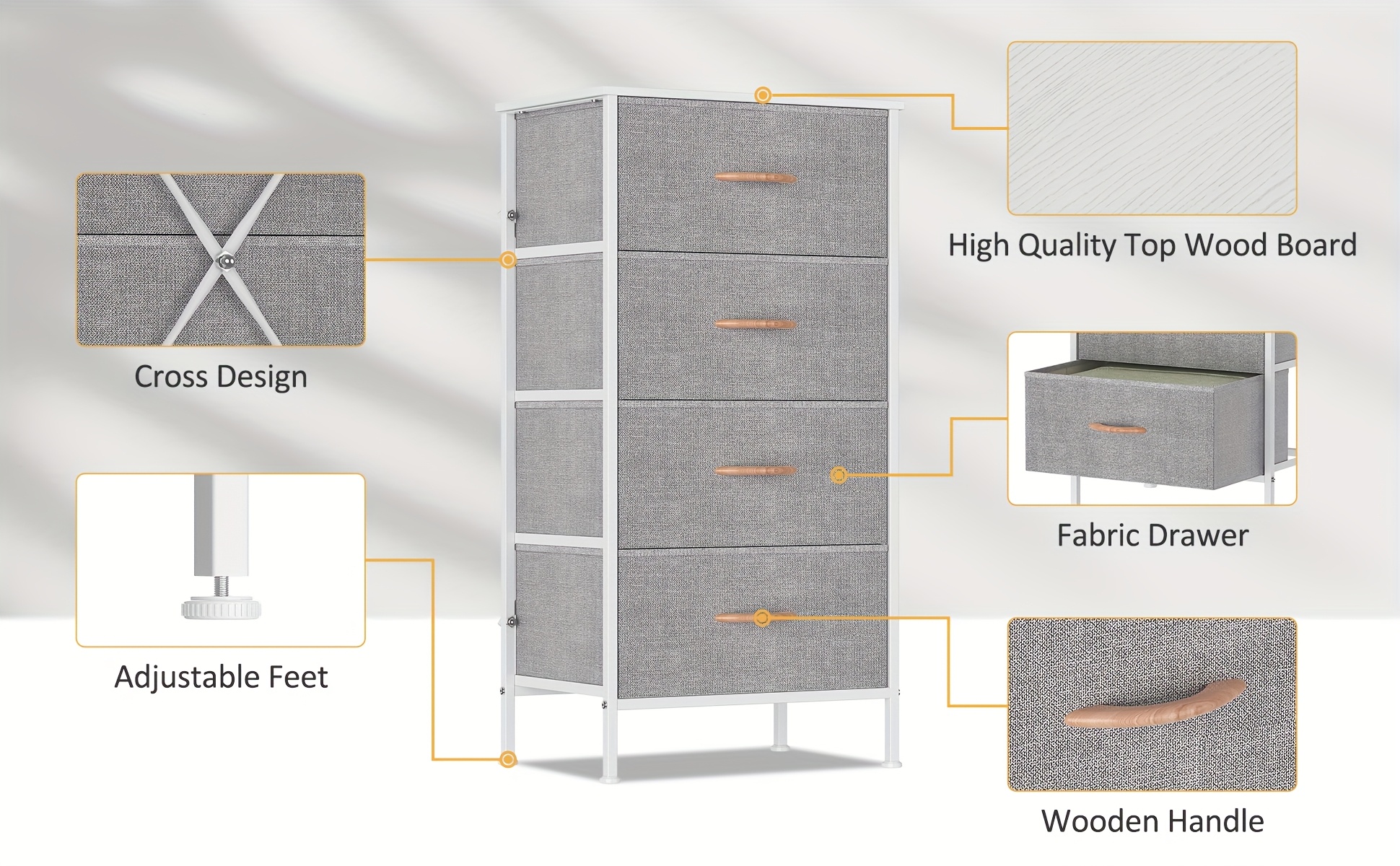 [Spacious Chest Of Drawers] Spacious 4-Drawer Chest Of Drawers with Metal Frame & MDF Wooden Top | Adjustable Feet, Anti-Tip Safety, Storage Unit for Bedroom Or Living Room (45x30x91cm/ 17.7x11.8x35.8inch)