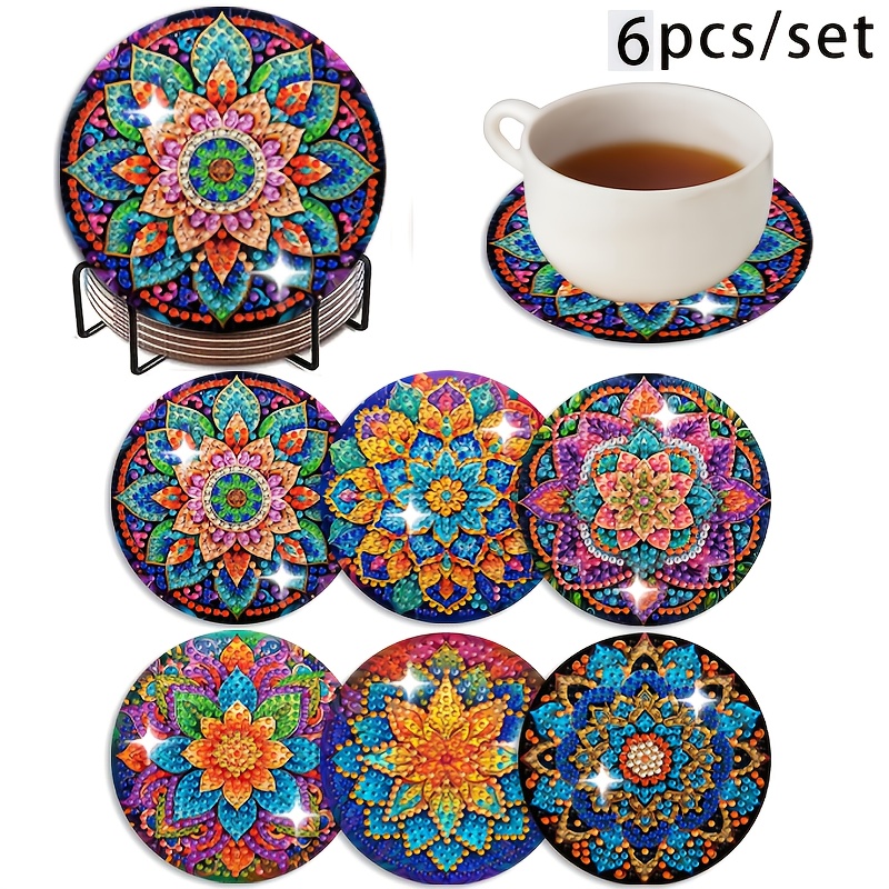 TEMU 6pcs Diamond Painting & Mandala Coaster Craft - Diy Shiny Round Diamond Suitable For Beginners And Adults, Wooden Mosaic With Bracket, Activity,
