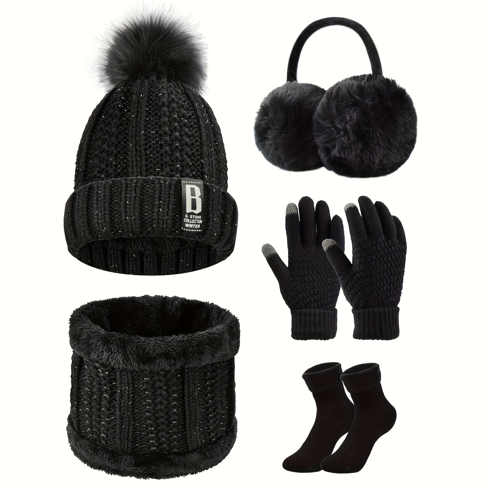 TEMU 5pcs Winter Outdoor Sports Equipment Set: Thick Warm Hat, Neck Warmer, Touchscreen Gloves, Plush Ear Muffs, And Snow Socks, Suitable For Outdoor